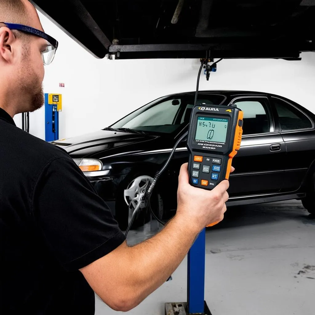 Mechanic using OBD2 Scanner on Acura Integra